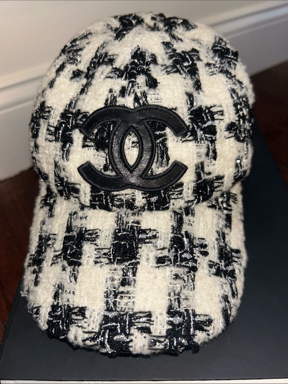 Authentic CHANEL Black and White Tweed Baseball Cap with CC Emblem with box